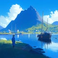 Illustration man blue coat standing coastal village boat calm water mountains blue sky Royalty Free Stock Photo