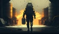 An illustration of a man in bomb squad clothing walking, a tense and suspenseful depiction of danger Royalty Free Stock Photo