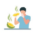 Illustration of a man, covering his nose, holding a durian fruit in gloves. Man holds durian fruit in gloves, covering Royalty Free Stock Photo