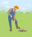 Illustration of a man dressed as a farmer using a shovel to dig the ground before planting saplings Royalty Free Stock Photo