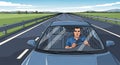 Illustration of a man driving a car on an empty highway surrounded by open grassy Royalty Free Stock Photo