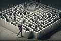 Illustration of a man entering a maze, puzzle concept. Ai generated