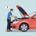 An illustration of a man examining a car engine with the hood open. He appears Royalty Free Stock Photo