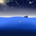 Illustration of a man fishing in the boat for gold fish in the night Royalty Free Stock Photo