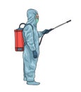 Illustration of man in hazmat suit spraying disinfectant Royalty Free Stock Photo