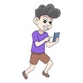 Illustration of a man with a laughing face carrying a cellphone while walking in a hurry