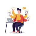 Multitasking Man with Multiple Arms Using Laptop and Smartphones Royalty Free Stock Photo