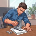 An illustration of a man in an office setting using a heavy-duty stapler on a stack of Royalty Free Stock Photo