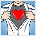 Man opening shirt to showing the heart symbol