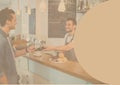 Illustration with man paying with credit card in coffee shop, blank circle on right Royalty Free Stock Photo