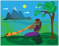 Illustration of a man playing the didgeridoo. Against the backdrop of a beautiful mountain landscape, a handsome man sits on the