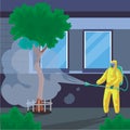 Illustration of a man in a protective suit disinfecting tree outdoor - COVID-19 concept