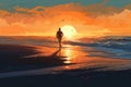 illustration of Man running on the beach at sunrise generative AI Royalty Free Stock Photo