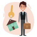 Illustration, man selling real estate and house icon in key. Cartoon illustration, clip art Royalty Free Stock Photo