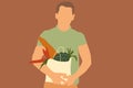 Illustration of a man with shopping bag full of fresh groceries