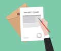 Illustration of a man signing stamped priority claim letter using a red pen with folder document and green background Royalty Free Stock Photo