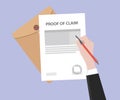 Illustration of a man signing stamped proof of claim letter using a red pen with folder document and purple background Royalty Free Stock Photo