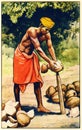 Illustration of a man splitting coconuts in India