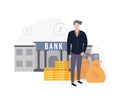 Illustration of a man standing near money bags with notes, stacks of coins, behind him a bank, on the background of Royalty Free Stock Photo