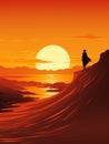 an illustration of a man standing on top of a hill at sunset