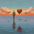 Illustration of a man in a suit walking in water around him red balloons shaped like hearts. Heart as bol of affection and Royalty Free Stock Photo