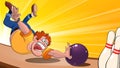 Illustration of a man throwing a bowling ball on the playing field, a man playing bowling and falling behind a bowling ball on a y Royalty Free Stock Photo