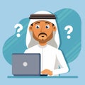 Illustration of a man in traditional Middle Eastern attire looking confused while using a laptop Royalty Free Stock Photo