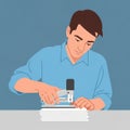 Illustration of a man using a heavy-duty stapler on a stack of white papers. He is Royalty Free Stock Photo