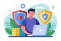 Illustration of a man using a laptop while holding a shield, emphasizing cybersecurity and digital protection in a modern Royalty Free Stock Photo