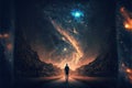 Man walking through the universe, creative digital illustration painting