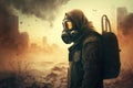 Illustration of Man Wearing Gas Mask in Apocalyptic Post-War Scene. Generative AI Royalty Free Stock Photo