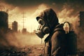 Illustration of Man Wearing Gas Mask in Apocalyptic Post-War Scene. Generative AI Royalty Free Stock Photo