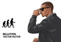 Illustration of a man wearing sunglasses and a dark suit, striking a confident pose. The left side Royalty Free Stock Photo