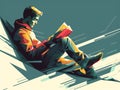 illustration of a man wearing virtual reality goggles and reading a book. Generative AI