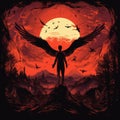 an illustration of a man with wings standing in front of a red sunset