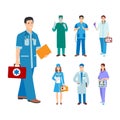 Illustration of a man and woman in blue coat. Flat style different doctors characters. Professional cartoon pediatrician