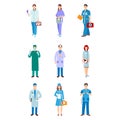 Illustration of a man and woman in blue coat. Flat style different doctors characters. Professional cartoon pediatrician