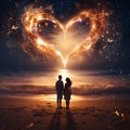 Illustration of a man and woman couple in love standing on the beach watching a large fiery heart in the sky. Heart as a symbol of