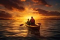 Illustration of a man and a woman kayaking in the sea at sunset, AI Generated