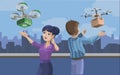 Illustration with man and woman receiving package delivered by quadcopter. Concept of drone delivery service, innovative
