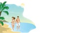 Vector illustration man and woman run along the seashore, sketch of couple hold hands walking beach Royalty Free Stock Photo