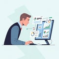 An illustration of a man working at a computer, focused on data visualization. He is Royalty Free Stock Photo