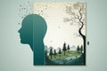 an illustration of a mans head with trees and birds flying out of it Royalty Free Stock Photo