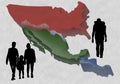 illustration with maps and silhouettes of people migrating from Central America to the United States Royalty Free Stock Photo