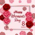 8 March. Abstract red floral greeting card. International happy women`s day with square on pink background