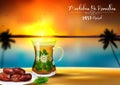 Marhaban ya Ramadhan. Iftar party celebration with traditional tea cup and a bowl of dates in sunset beach background