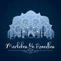 Marhaban Ya Ramadhan. Ramadan Kareem greeting with mosque and floral pattern on night sky background