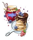 Illustration with markers sketching drawing cartoon style bright colors food breakfast pancakes with chocolate and strawberries