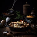 Illustration of meal in iron skillet in dark kitchen setting. Frying pan full of mushrooms and cheese.