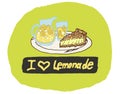 Illustration of a meal with lemonade and pie. Lemonade, lemon pie, ice, summer time, ready to use, eps. For your design